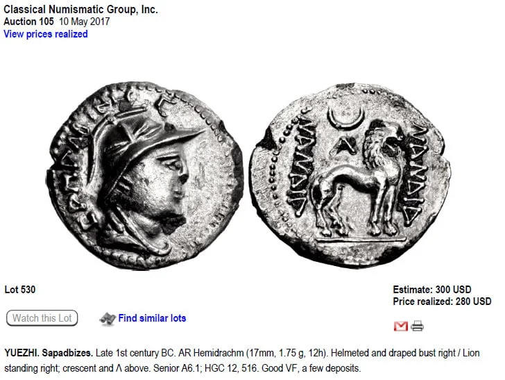 YüehChi/Kushans in Bactria, AR hemidrachm, Sapadbizes