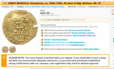 Great Mongols, AV dinar, temp. Chingiz Khan, Bukhara