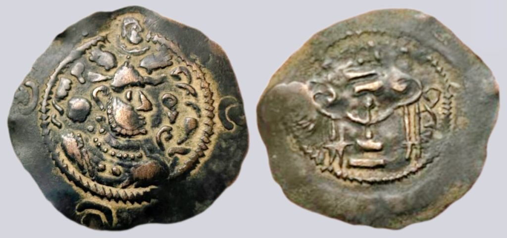 Hephthalites, AE drachm, Peroz-imitation with countermark