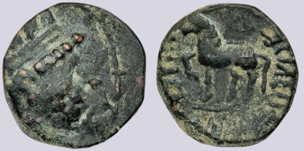YüehChi / Kushans, AE drachm, Heliokles' imitation